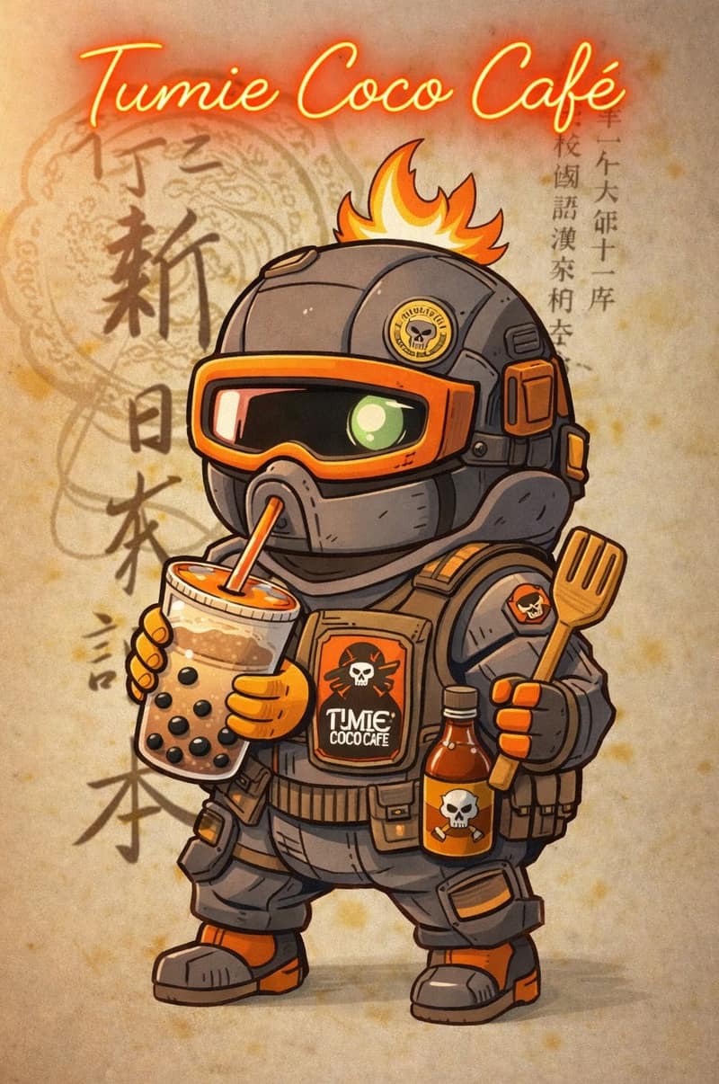 The Tumie Coco Café mascot holding a bubble tea and a bottle of hot sauce